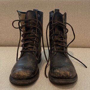 Frye Veronica Combat Boots in black distressed leather, size 7